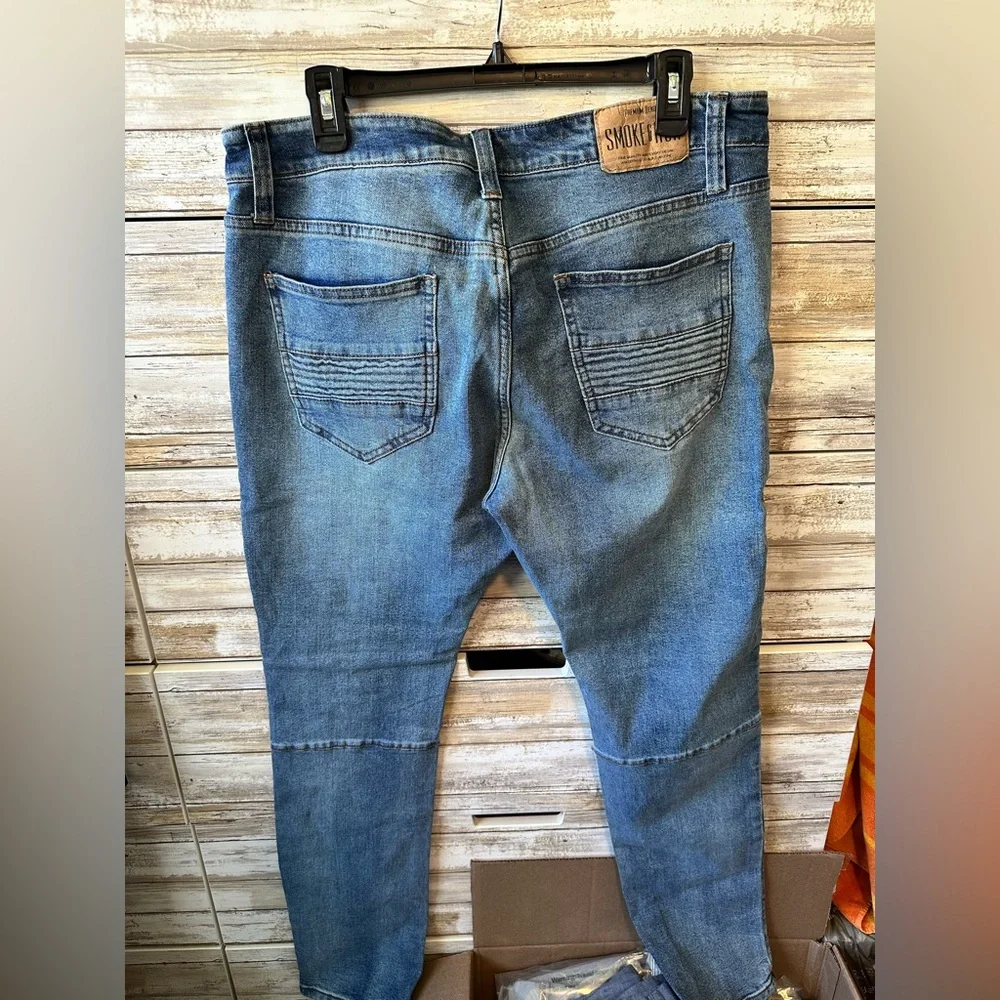 Smoke & Ash Moto Jeans 🔥 Distressed Skinny Denim 34x32 Stretch